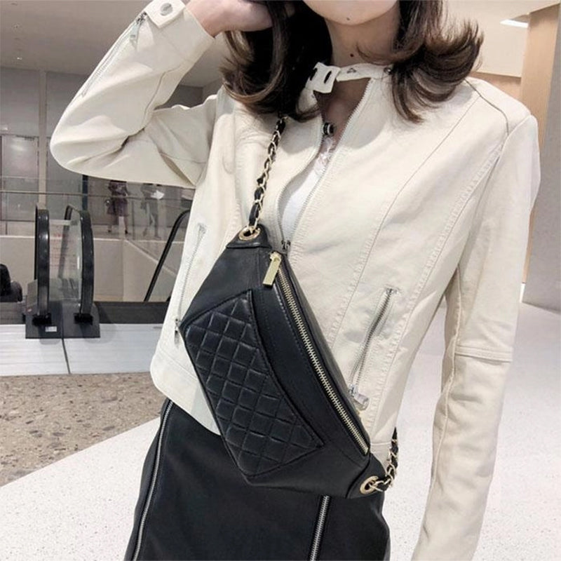 Black Leather Quilted Belt Bag Crossbody Waist Bag | PRUSES-3