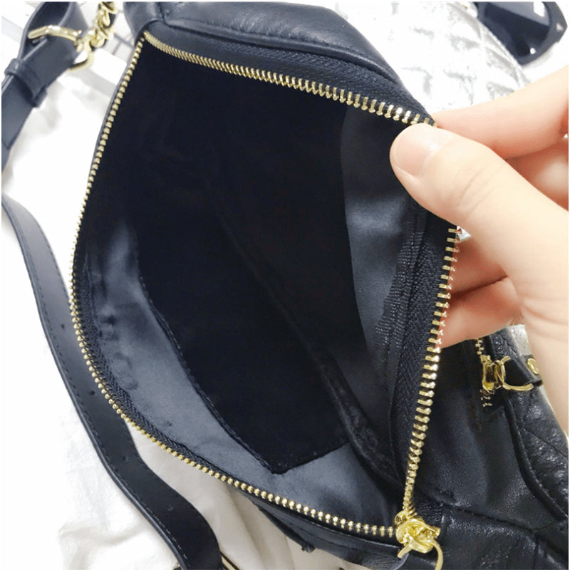 Black Leather Quilted Belt Bag Crossbody Waist Bag | PRUSES-5