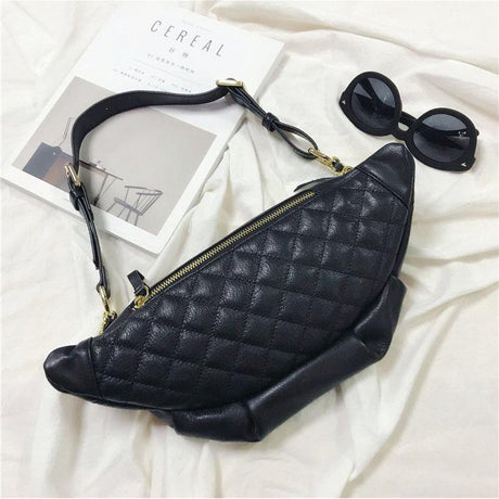 Black Leather Quilted Belt Bag Crossbody Waist Bag | PRUSES