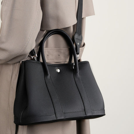 Black Leather Tote Bag Wide Strap Crossbody Bucket Bags | PRUSES-10