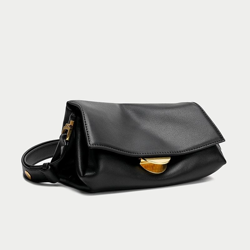 Black Leather Wide Strap Crossbody Bags Flap Handbags| PRUSES