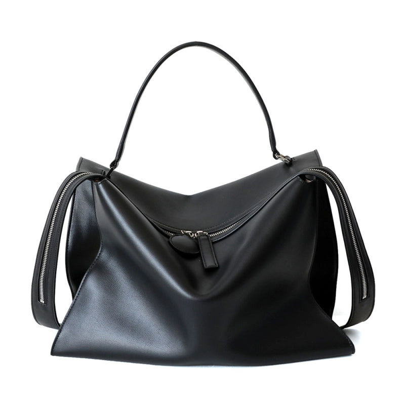 Black Leather Zipper Large Tote Bag With Wide Shoulder Strap | PRUSES-1