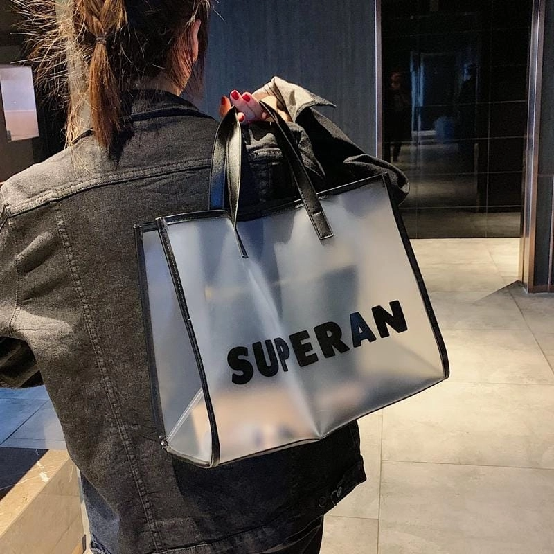 Black PVC Clear Tote Bag Summer Beach Bag| PRUSES-6