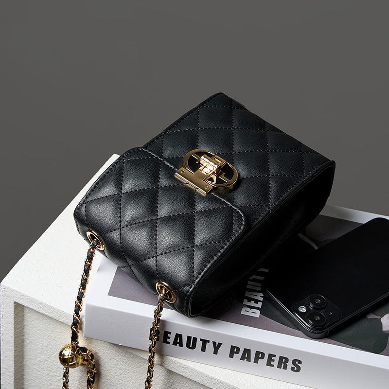 Black Quilted Leather Mini Crossbody Bags Flap Chain Bag-5
