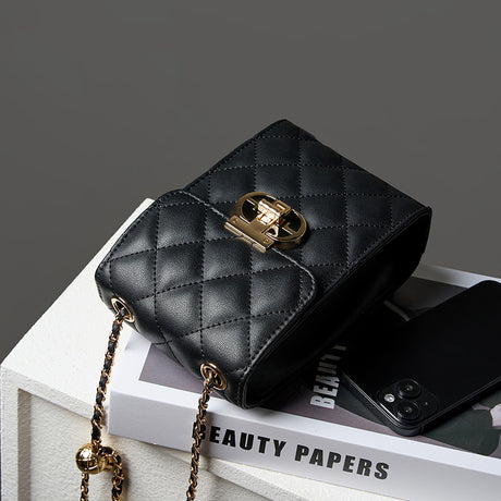 Black Quilted Leather Mini Crossbody Bags Flap Chain Bag-5