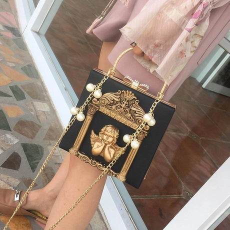 Black Retro Angel Box Mini Crossbody Bags Lolita Pearl Chain Bag-1