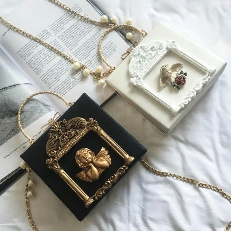 Black Retro Angel Box Mini Crossbody Bags Lolita Pearl Chain Bag