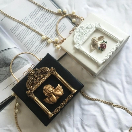 Black Retro Angel Box Mini Crossbody Bags Lolita Pearl Chain Bag