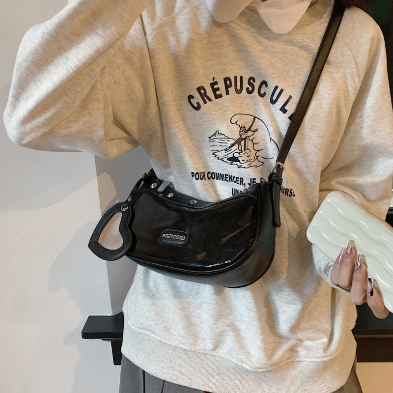 Black Rivet Clear Jelly Hobo Bag Studded Heart Charm Crossbody Purse| PRUSES-4