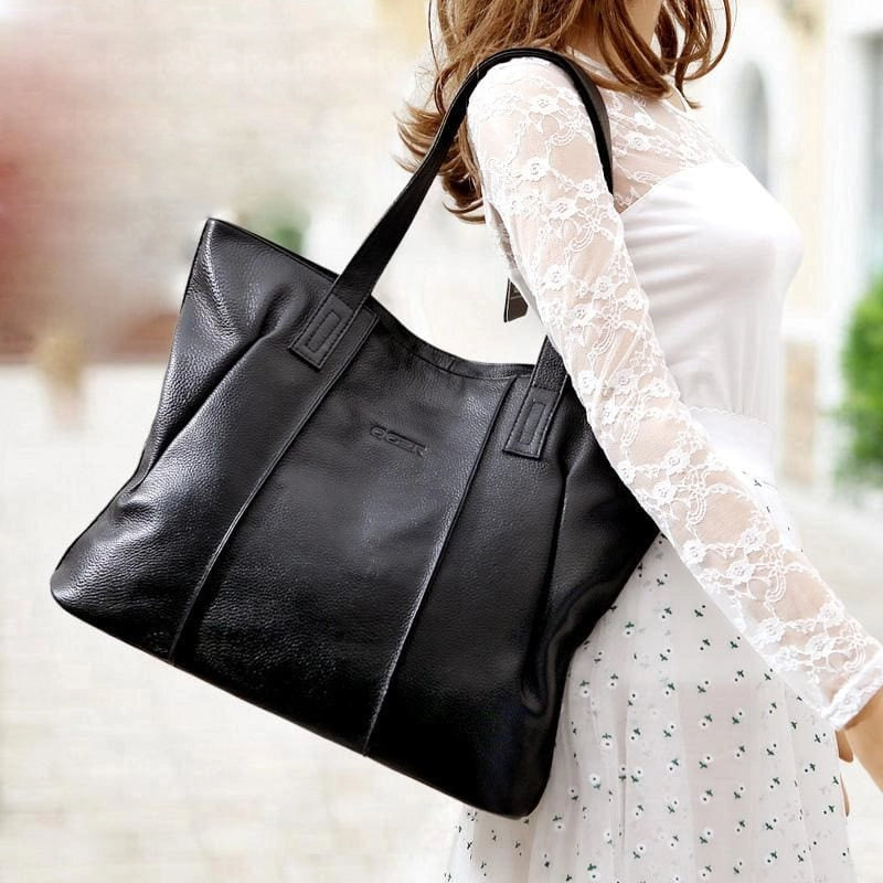Black Soft Genuine Leather Tote Bag Simply Large Shoulder Shopper Bag | PRUSES-1