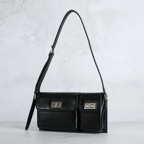 Black Turnlock Flap Genuine Leather Shouler Bags Purse| PRUSES