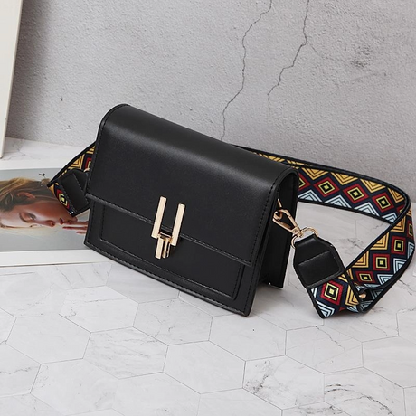Black Vegan Leather Flap Crossbody Purse with Embroidery Strap | PRUSES
