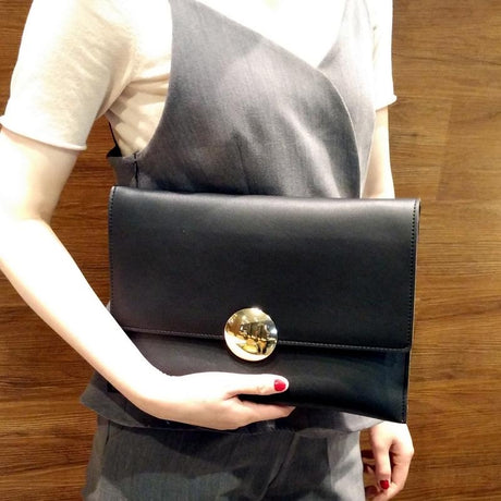 Black Vegan Leather Large Clutch Bags Crossbody Message Handbags| PRUSES