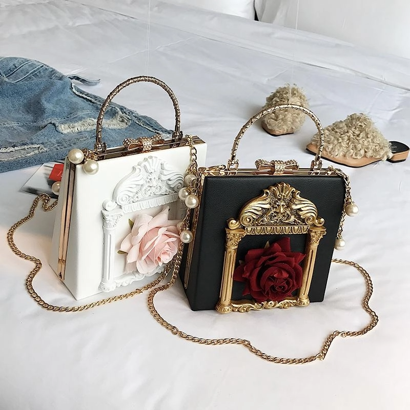Black&White Retro Flowers Box Mini Crossbody Bags Lolita Pearl Chain Bag | PRUSES-1
