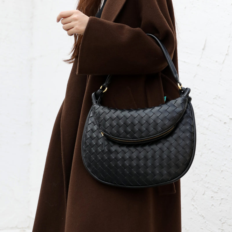 Black Woven Leather Flap Over The Shoulder Bags Moon Purses | PRUSES-1