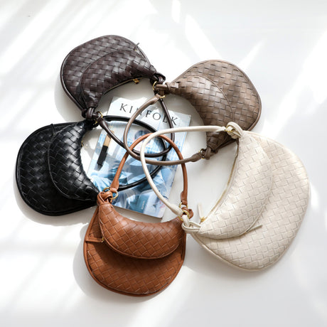 Black Woven Leather Flap Over The Shoulder Bags Moon Purses | PRUSES-2