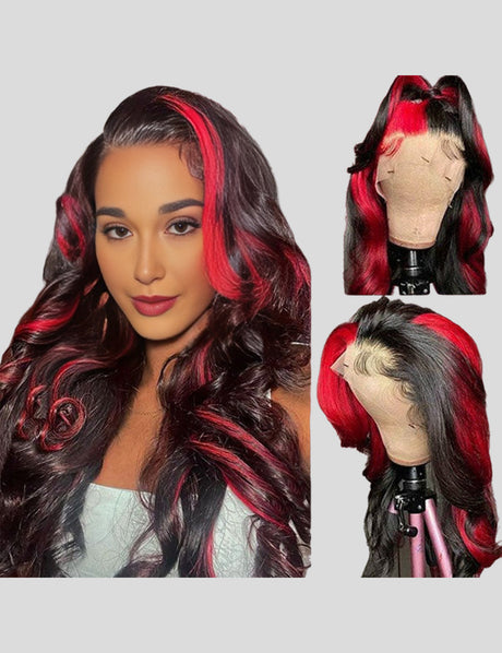 Black with Red Highlights Colored Wigs Body Wave Wig 13x4 HD Lace Red Lace Front Wigs-2