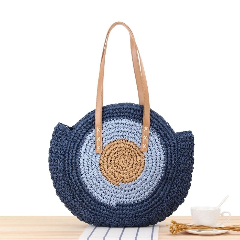 Blue Circle Straw Shoulder Tote Beach Bags | PRUSES