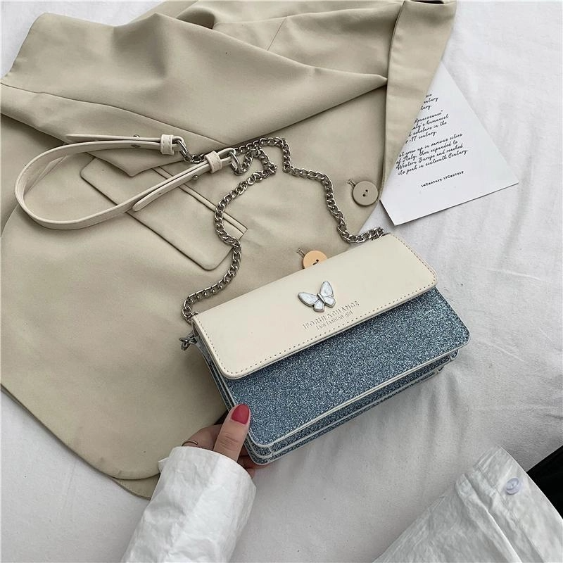 Blue Glitter Flap Butterfly Crossbody Chain Bag Purse with Zipper| PRUSES