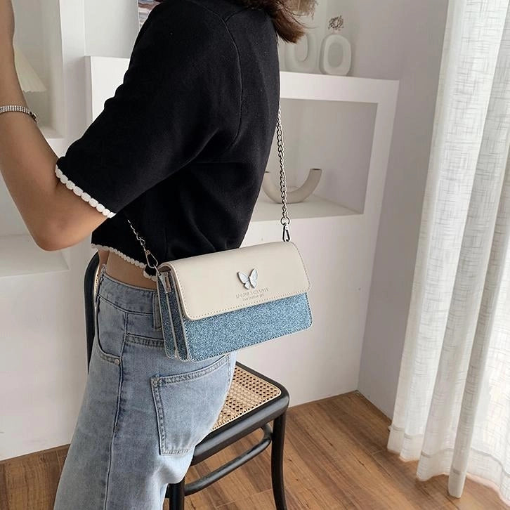 Blue Glitter Flap Butterfly Crossbody Chain Bag Purse with Zipper| PRUSES