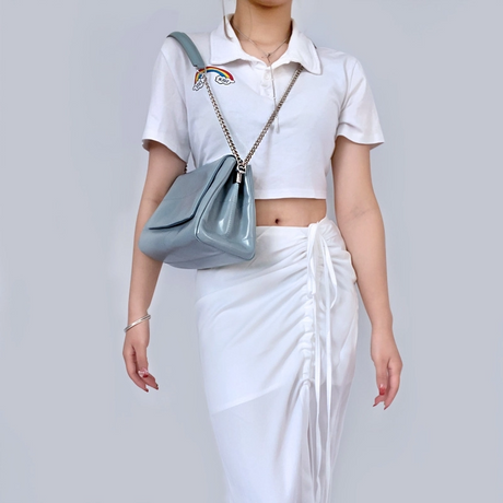 Blue Oiled Leather Chain Crossbody Purse Flap Shoulder Bag-6