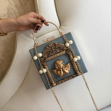 Blue Retro Angel Box Mini Crossbody Bags Lolita Pearl Chain Bag