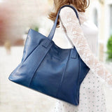 Blue Soft Genuine Leather Tote Bag Simply Large Shoulder Shopper Bag | PRUSES-1