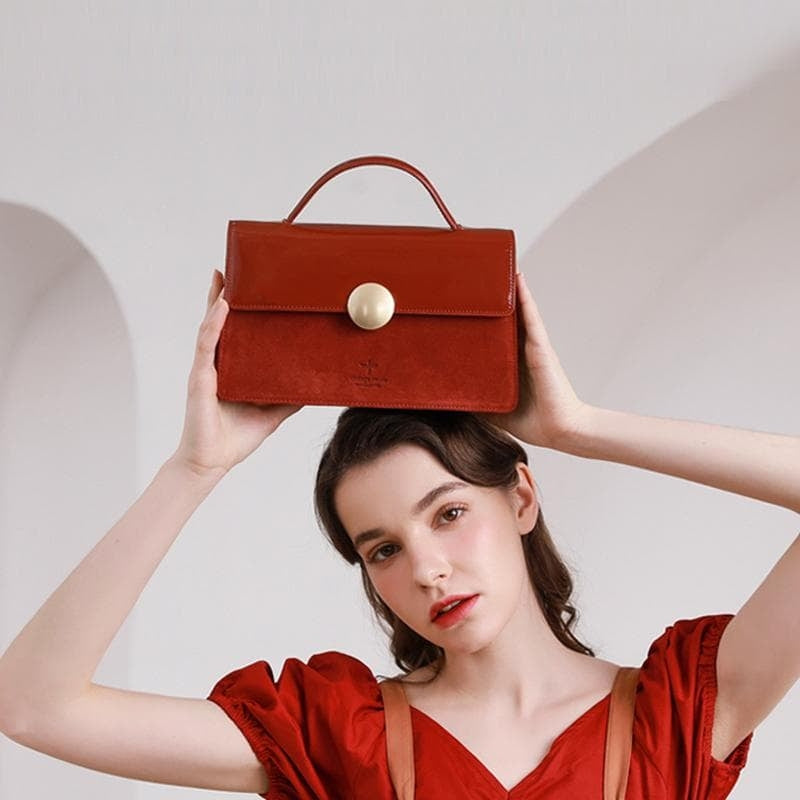 Brick Red Vintage Leather Handbags Foldover Square Crossbody Purses| PRUSES-1