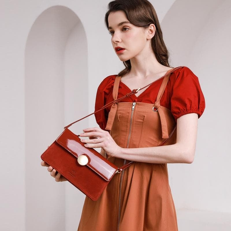 Brick Red Vintage Leather Handbags Foldover Square Crossbody Purses| PRUSES-2