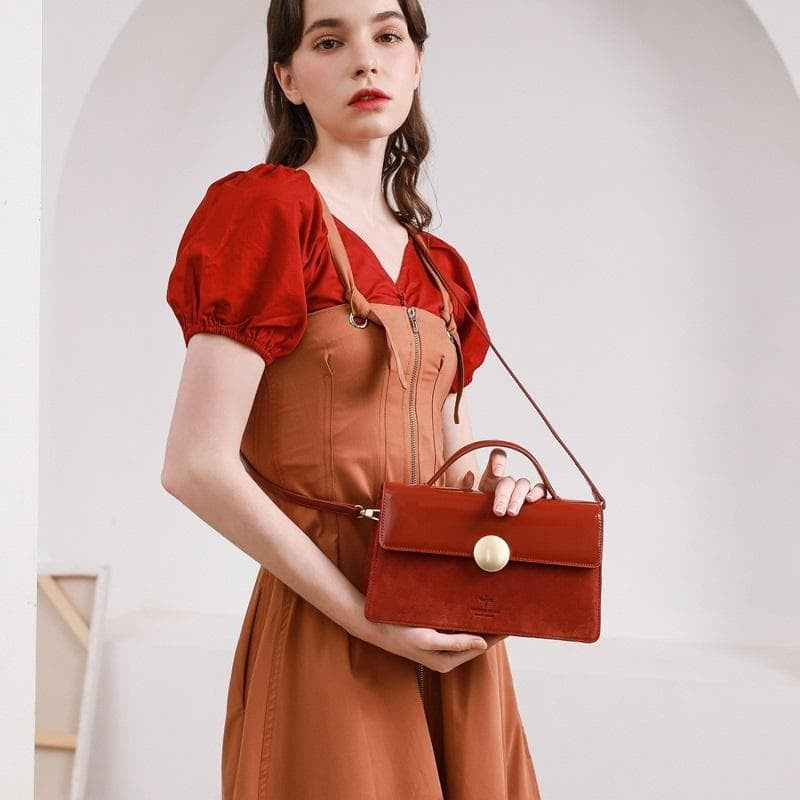 Brick Red Vintage Leather Handbags Foldover Square Crossbody Purses| PRUSES-3