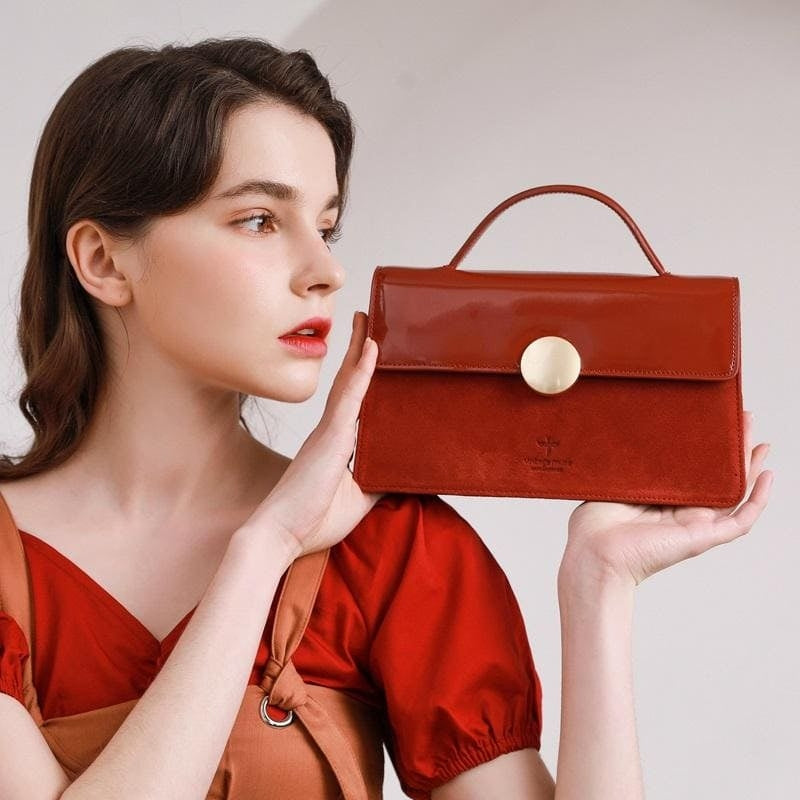 Brick Red Vintage Leather Handbags Foldover Square Crossbody Purses| PRUSES-4