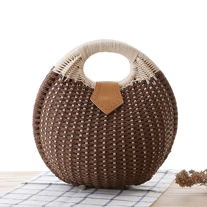 Brown Beach Bag Woven Round Summer Handbag for Honeymoon | PRUSES