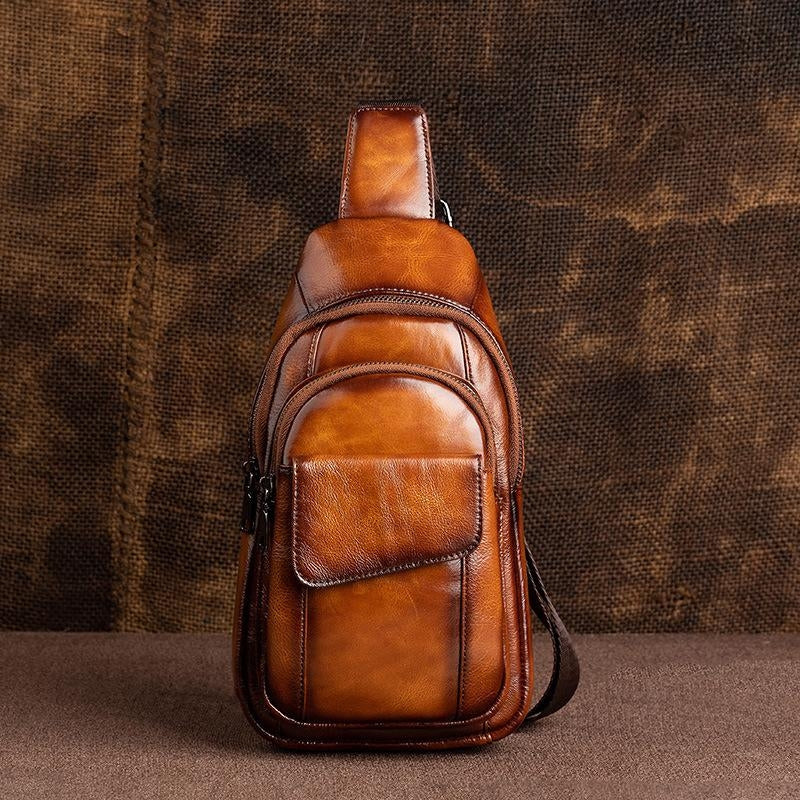Brown&Black Leather Vintage Crossbody Bag Chest Bags Fanny Pack | PRUSES