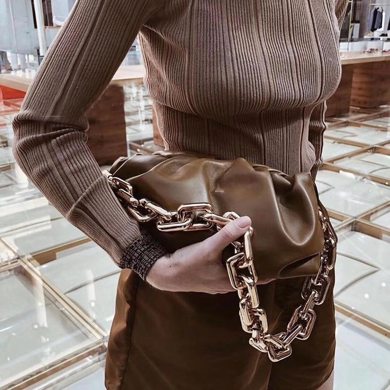 Brown Chain Brown Over Size Genuine Leather Pouch Bag Slouchy Clutches
