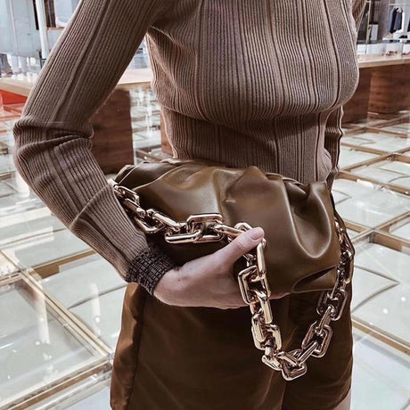 Brown Chain Brown Over Size Genuine Leather Pouch Bag Slouchy Clutches