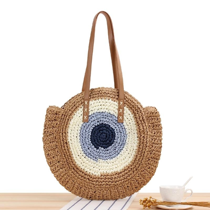 Brown Circle Straw Shoulder Tote Beach Bags | PRUSES