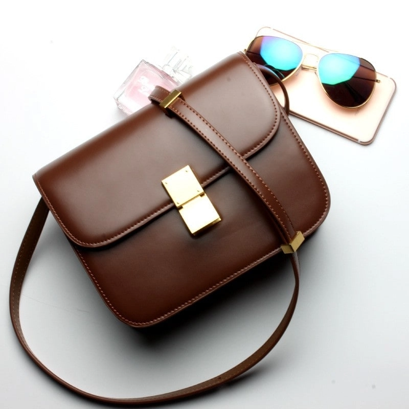 Brown Flap Genuine Leather Square Shoulder Message Bag| PRUSES-3