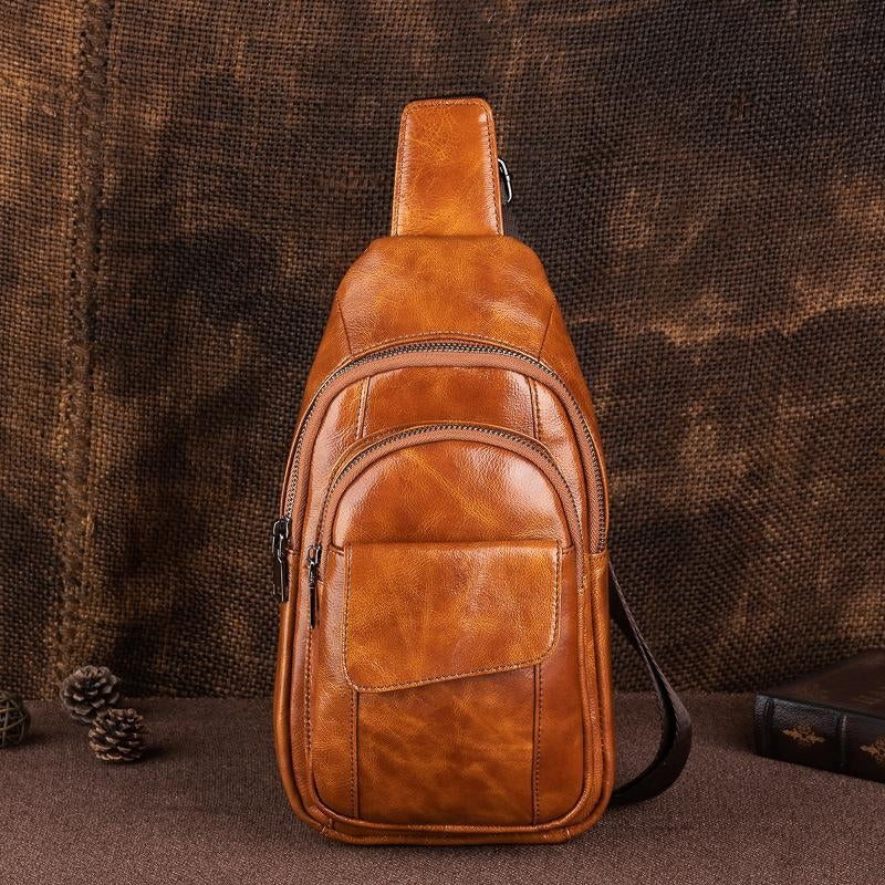 Brown Leather Vintage Crossbody Bag Chest Bags Fanny Pack | PRUSES