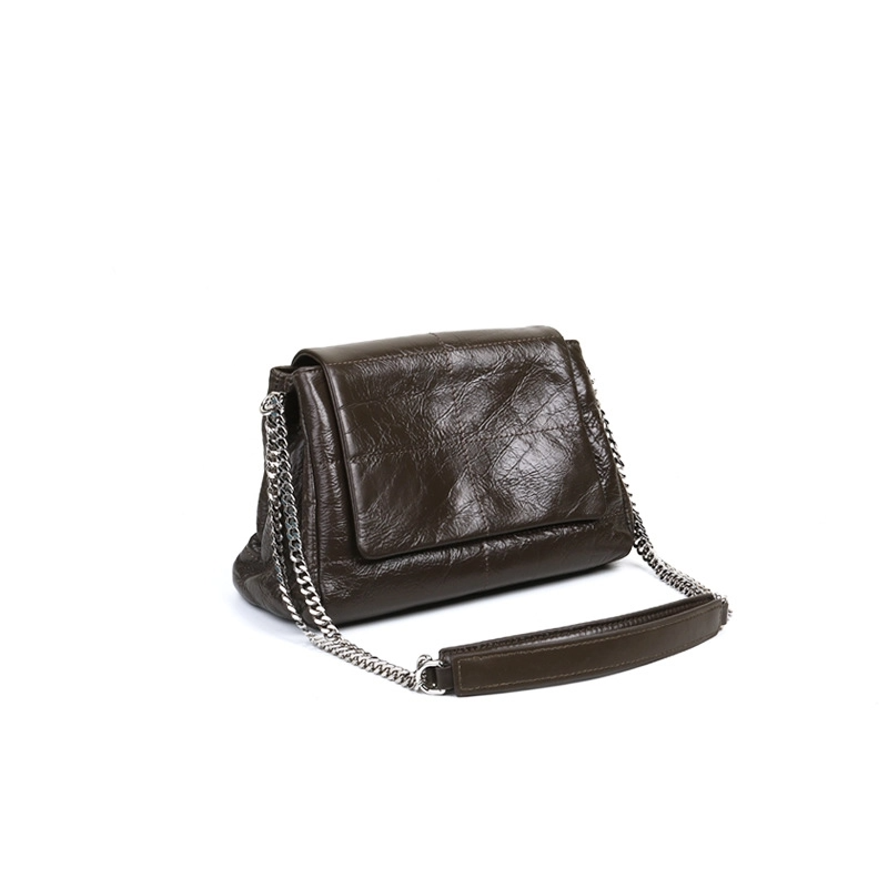 Brown Oiled Leather Chain Crossbody Purse Flap Shoulder Bag