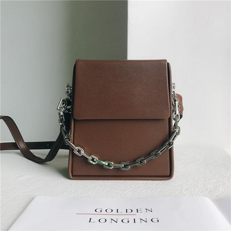 Brown Summer Leather Crossbody Box Bag Purse with Silver Chain