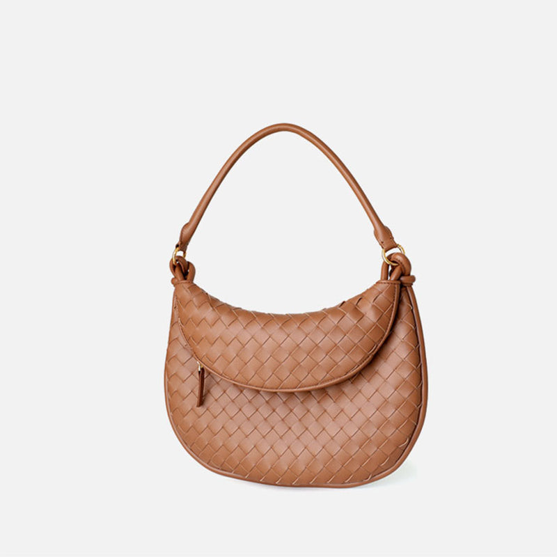 Brown Woven Leather Flap Over The Shoulder Bags Moon Purses | PRUSES