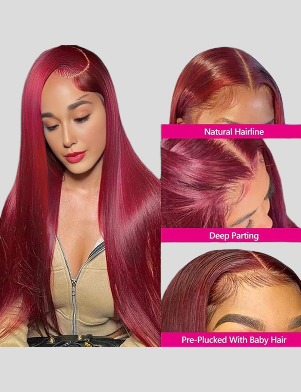 Burgundy Lace Front Wigs 32 Inch HD Human Hair Wigs Straight Colored Wigs with Baby Hair-2