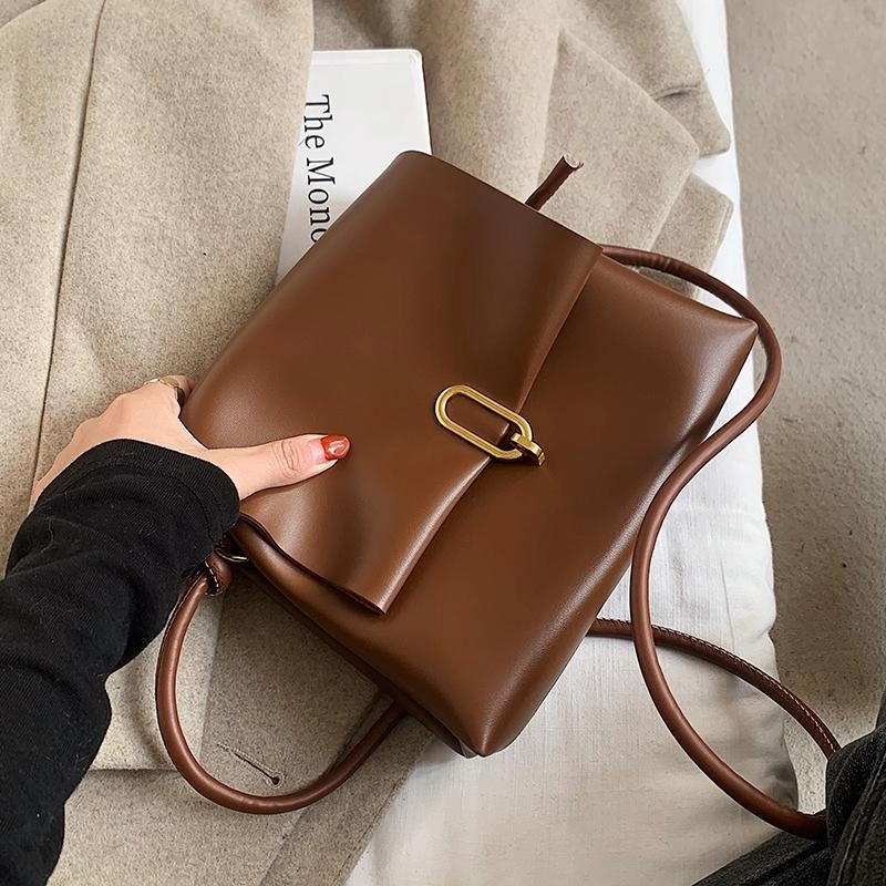 Coffee Vegan Leather Double Zipper Flap Crossbody Purse Bag | PRUSES