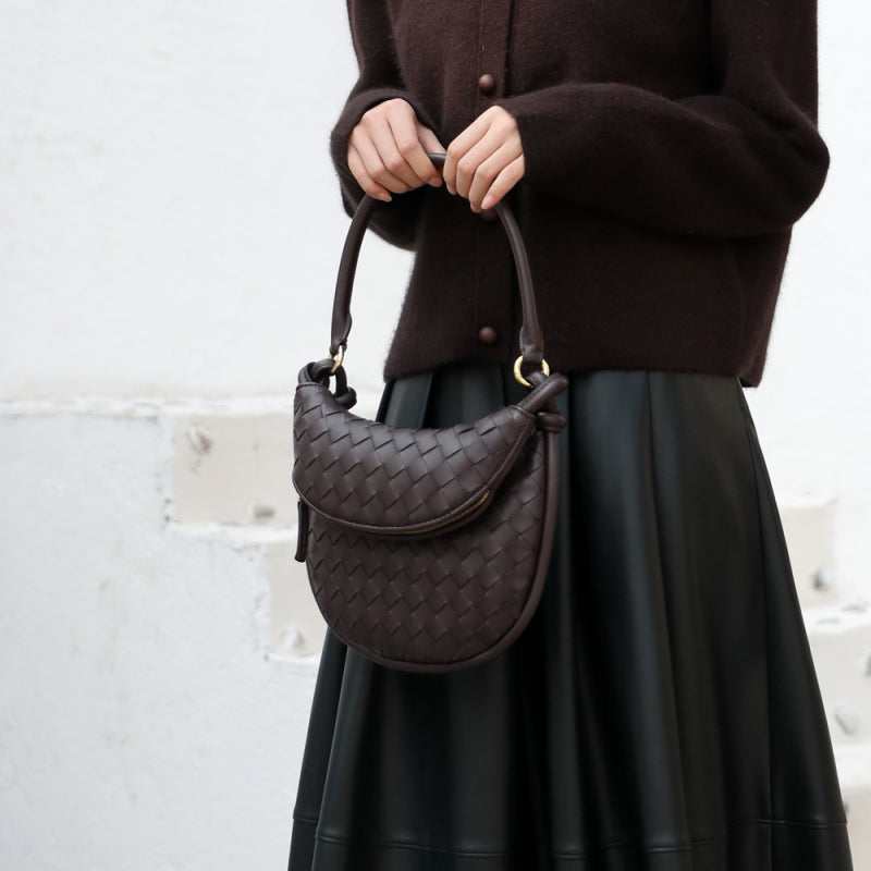 Coffee Woven Leather Flap Over The Shoulder Bags Moon Purses | PRUSES