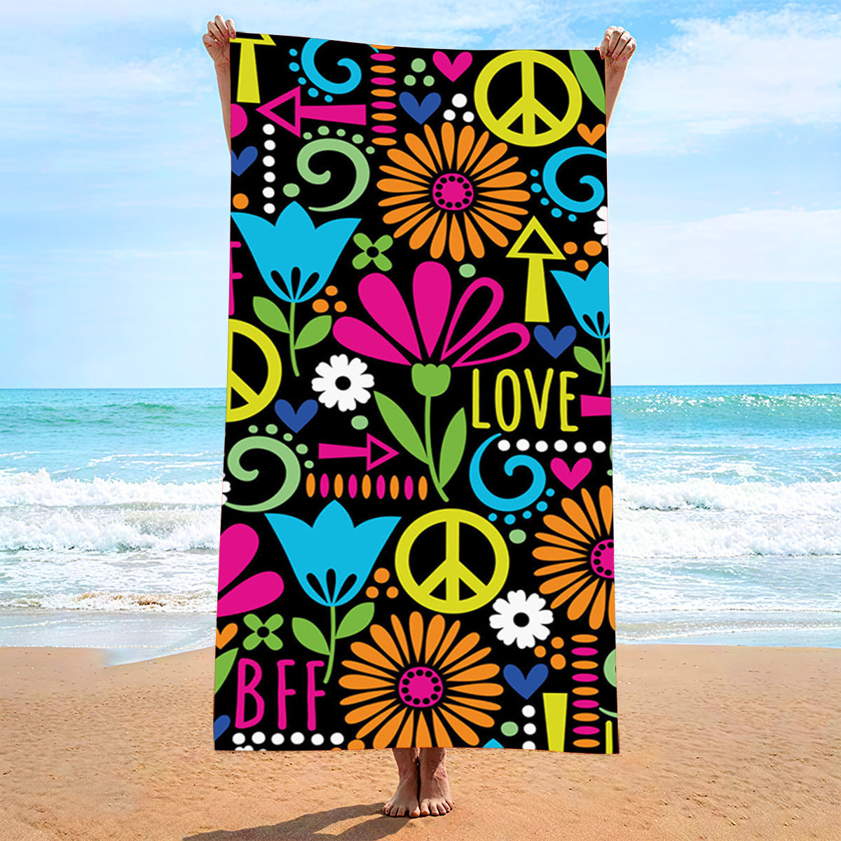 Colorful Flower Beach Towel With Black Bottom | PRUSES