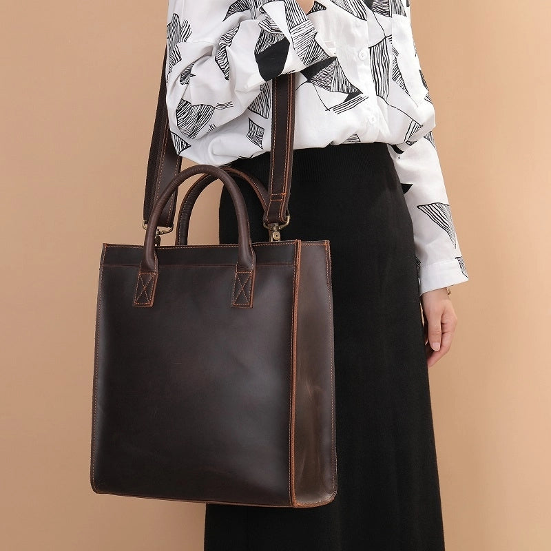 Dark Brown Leather Laptop Handbag Business Tote Bags | PRUSES-15