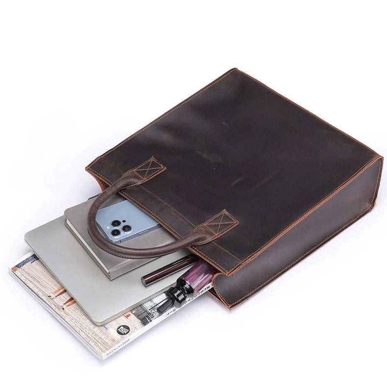 Dark Brown Leather Laptop Handbag Business Tote Bags | PRUSES-5