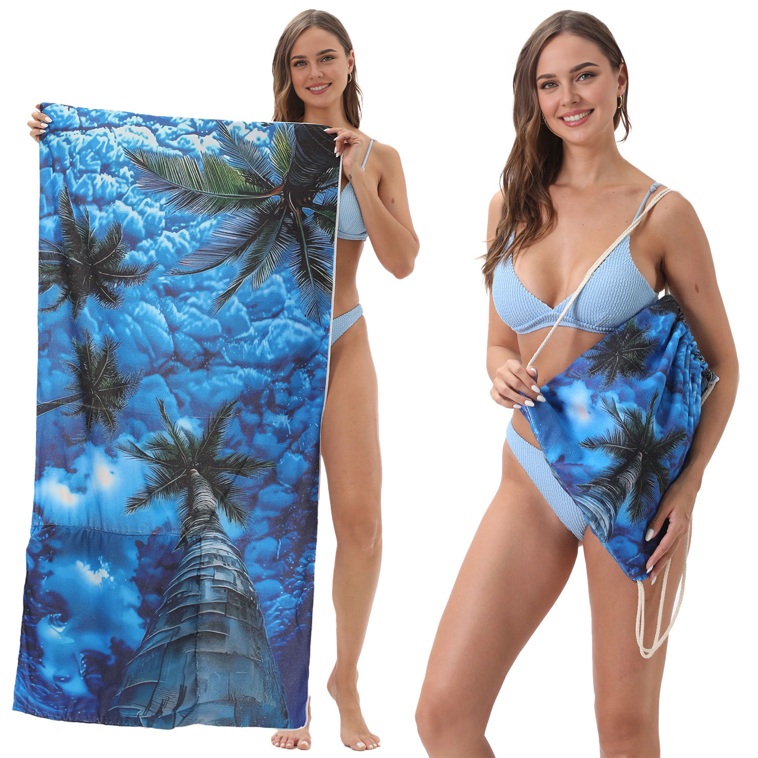 Deep Blue Coconut Tree Drawstring Beach Towel | PRUSES-1