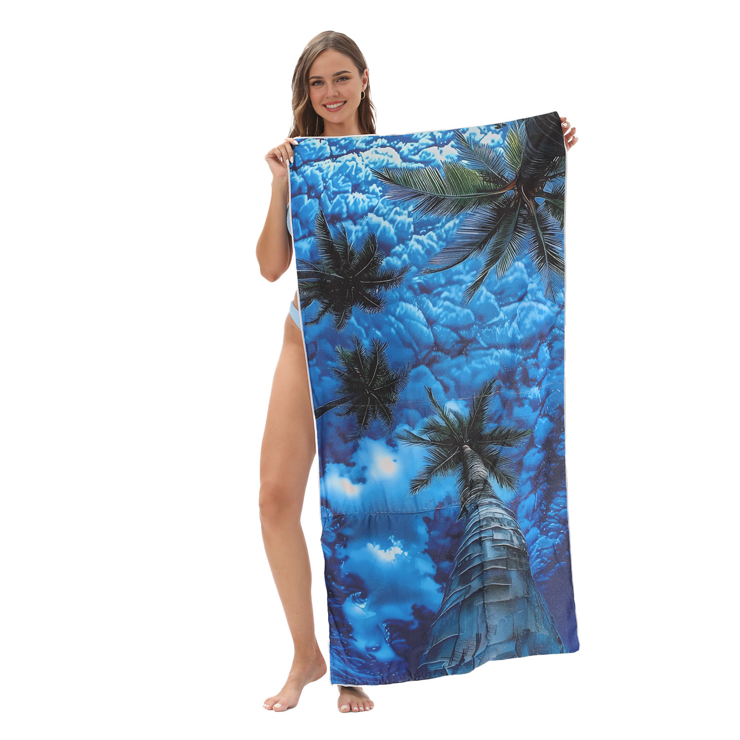 Deep Blue Coconut Tree Drawstring Beach Towel | PRUSES-2