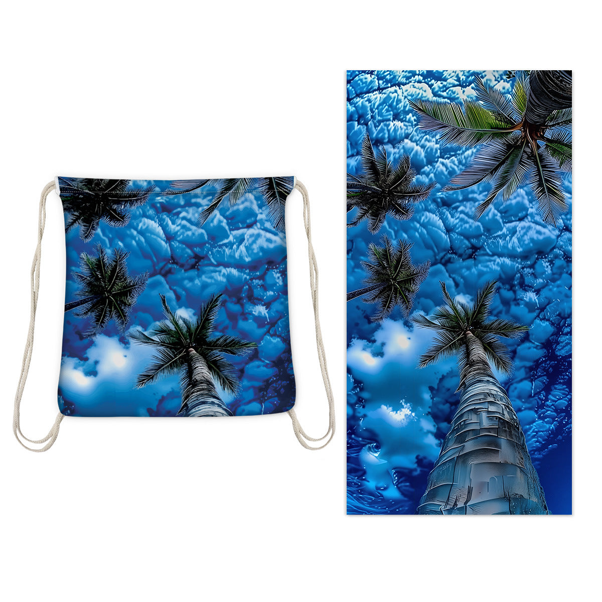 Deep Blue Coconut Tree Drawstring Beach Towel | PRUSES-4